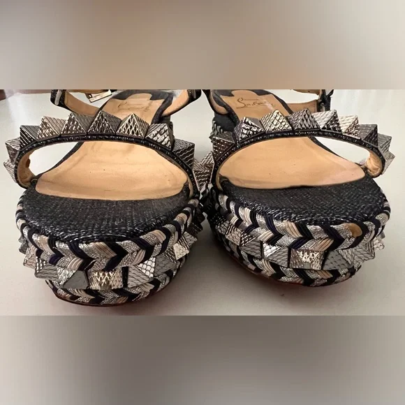Christian Louboutin Blue DenimPyaclou Studded Ankle Strap Platform Sandals 38 - Picture 5 of 10